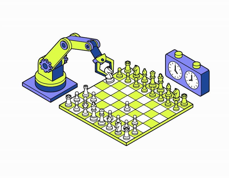 bras robotique jouant aux échecs sur un échiquier