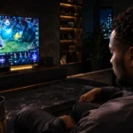 Homme regarde un tournoi d’esport sur un téléviseur dans son salon