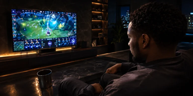Homme regarde un tournoi d’esport sur un téléviseur dans son salon