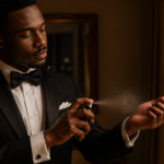 Homme en costume vaporise du parfum sur son poignet
