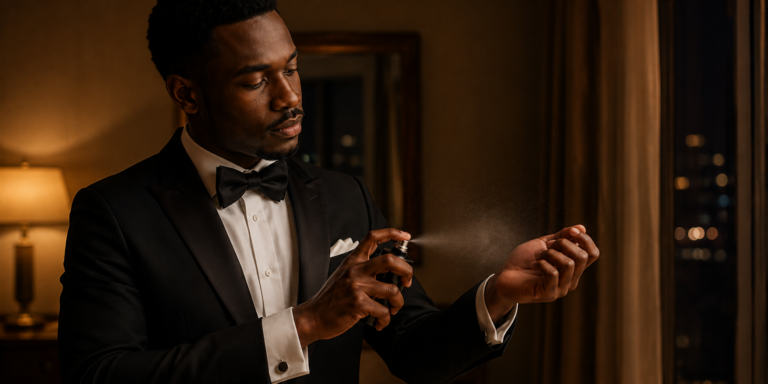 Homme en costume vaporise du parfum sur son poignet